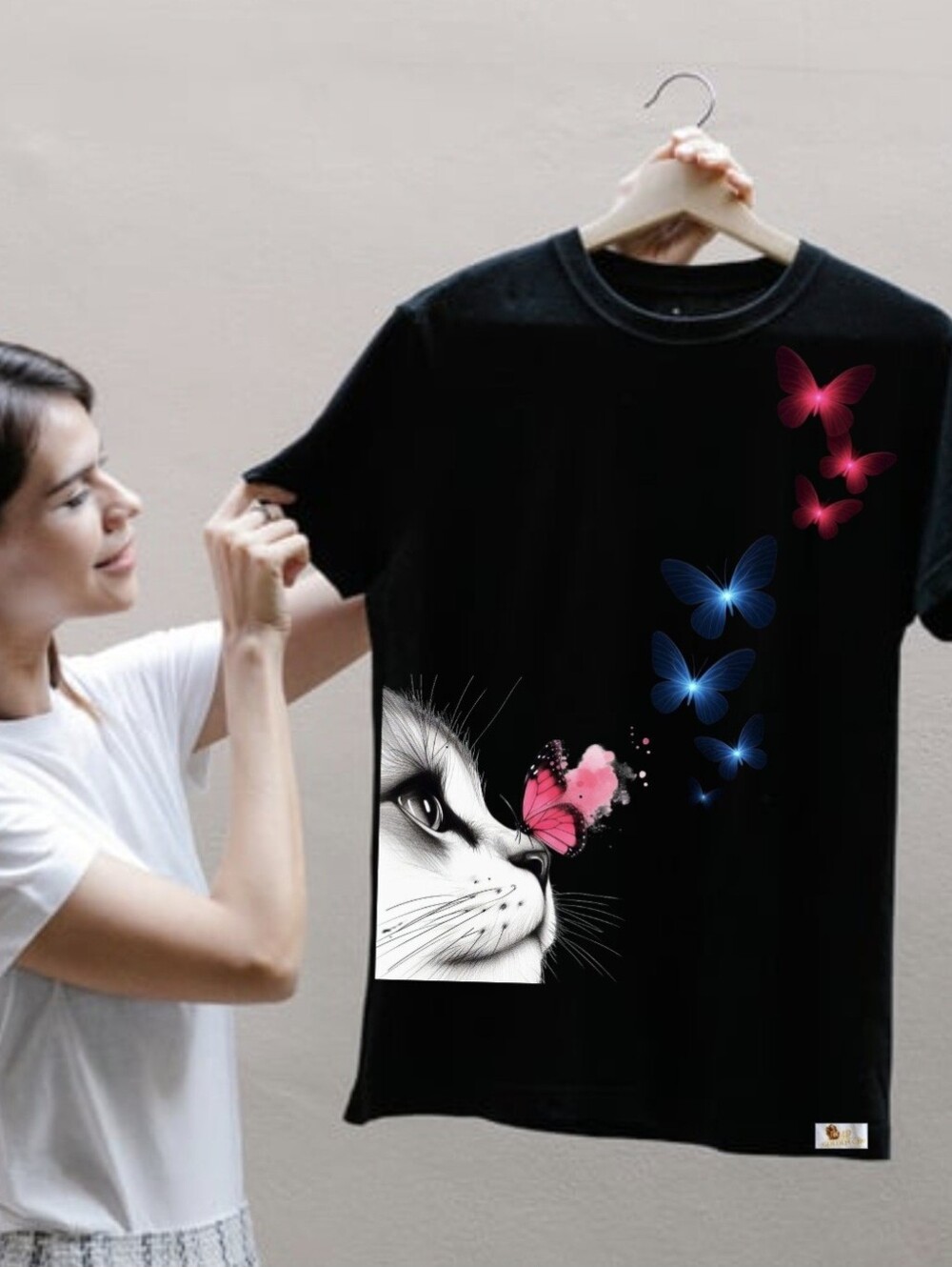 Luxury Black Neon Butterfly Cat Graphic Tee Sizes S M L